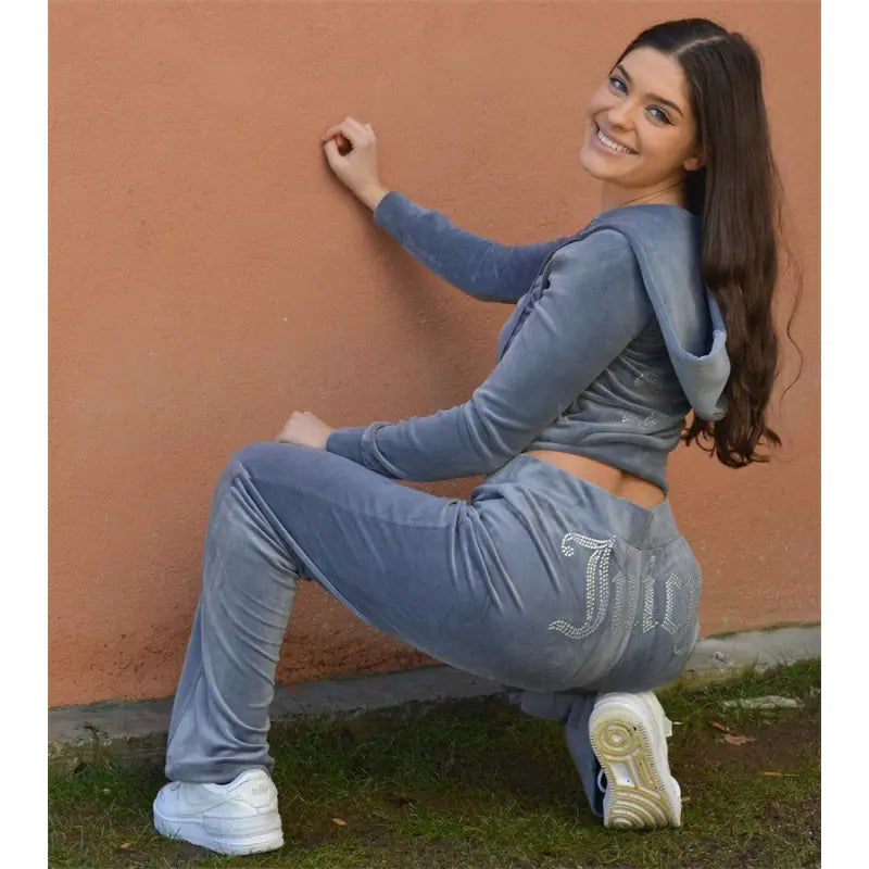 Women’s Rhinestone Velvet Two-Piece Sports Set