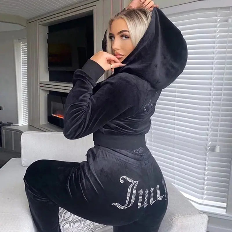 Women’s Rhinestone Velvet Two-Piece Sports Set