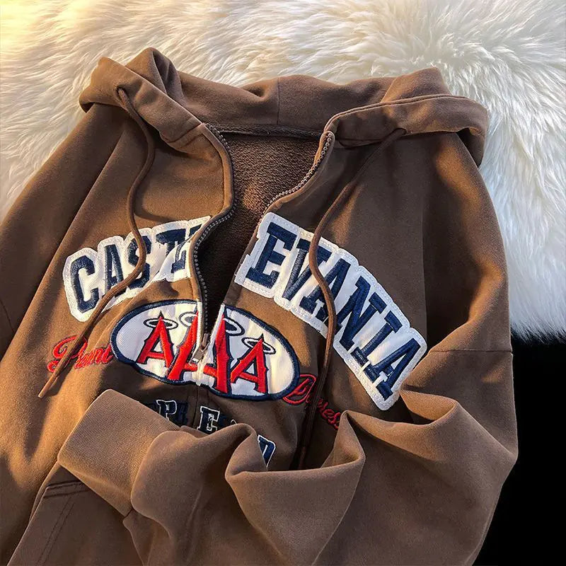 Embroidered Letter Print Zip-Up Hoodie