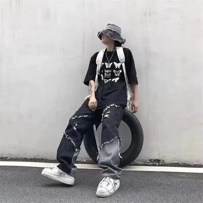 Black Loose Straight Jeans with Hole Patches
