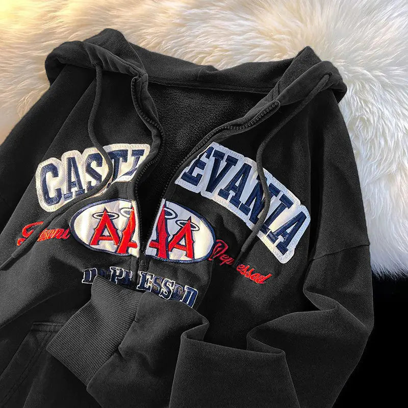 Embroidered Letter Print Zip-Up Hoodie