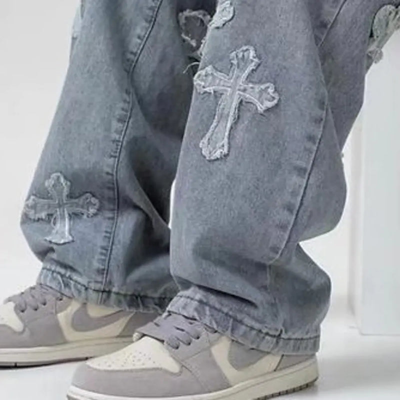 Men's Trendy High Street Cross Patch Jeans