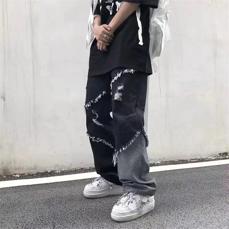 Black Loose Straight Jeans with Hole Patches