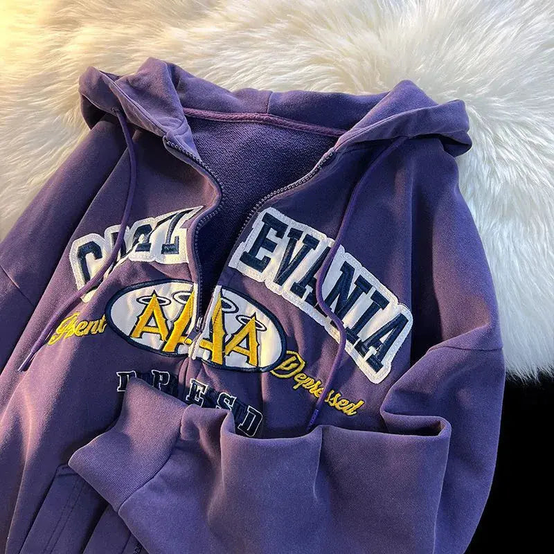 Embroidered Letter Print Zip-Up Hoodie