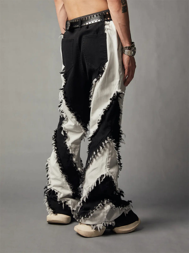 Black and White Patchwork Slim Fit Washed Jeans