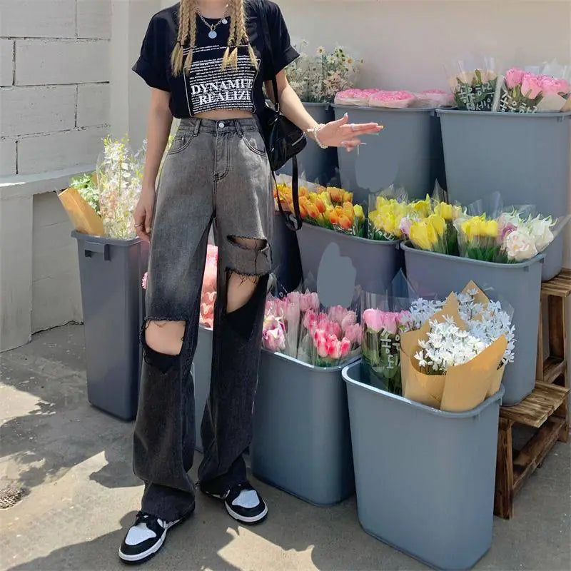 Gradient High Waist Slim Ripped Jeans