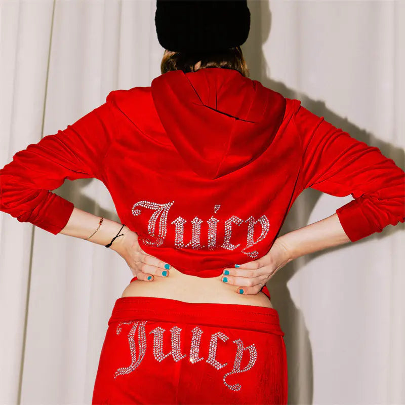 Women’s Rhinestone Velvet Two-Piece Sports Set