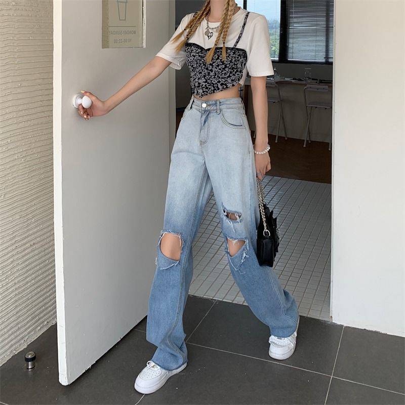 Gradient High Waist Slim Ripped Jeans