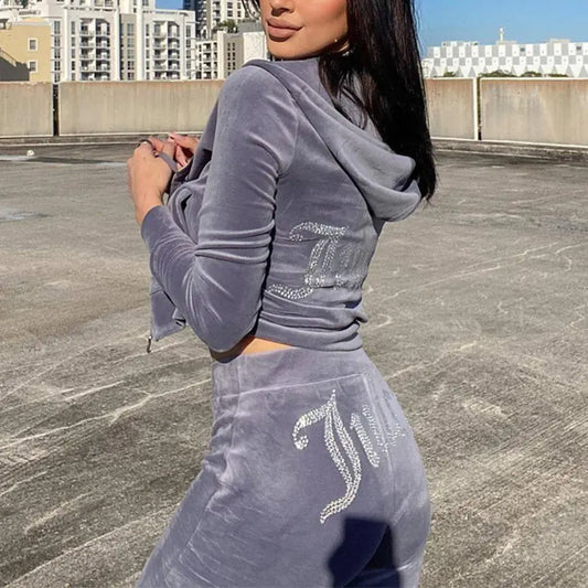 Women’s Rhinestone Velvet Two-Piece Sports Set