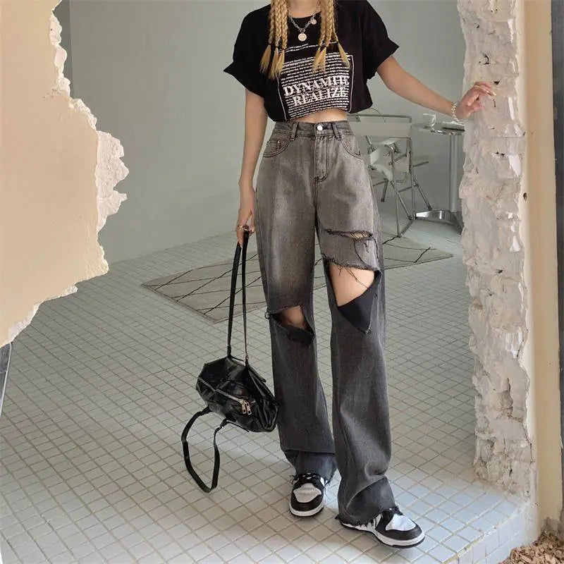 Gradient High Waist Slim Ripped Jeans