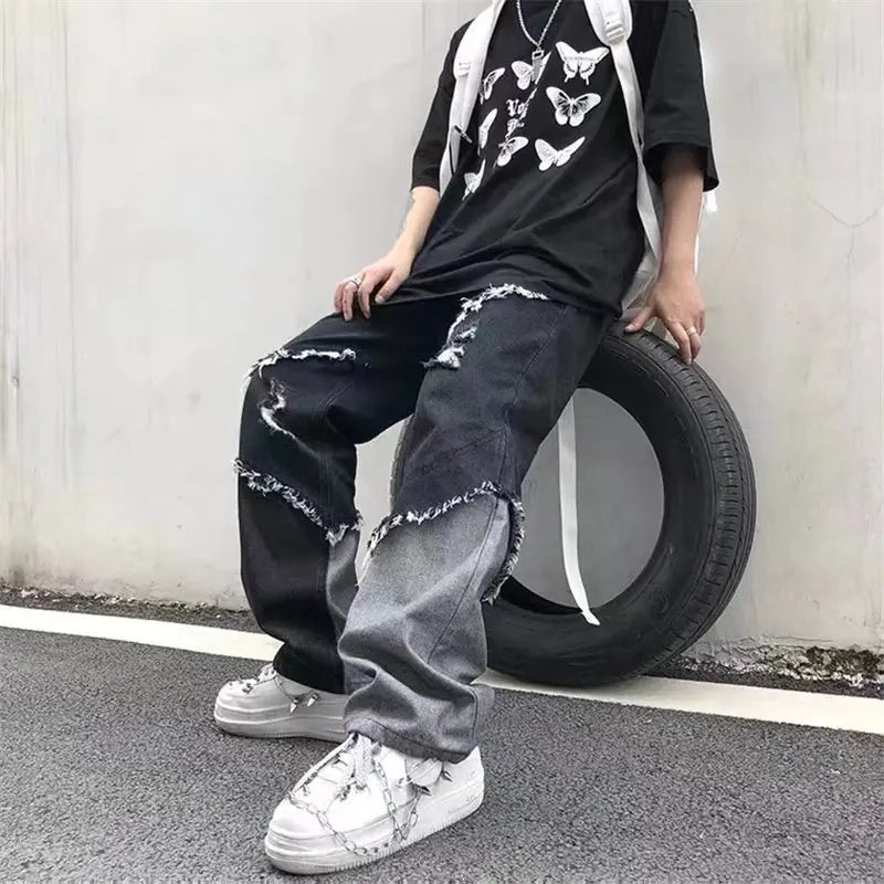 Black Loose Straight Jeans with Hole Patches