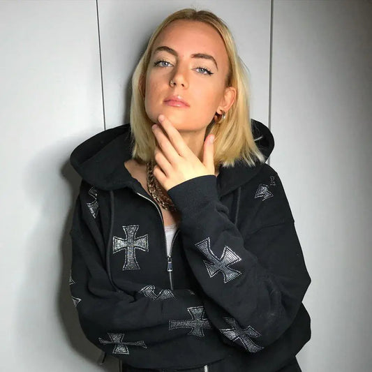 Women’s Cross Rhinestone Zip Hoodie