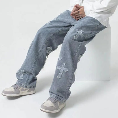 Men's Trendy High Street Cross Patch Jeans