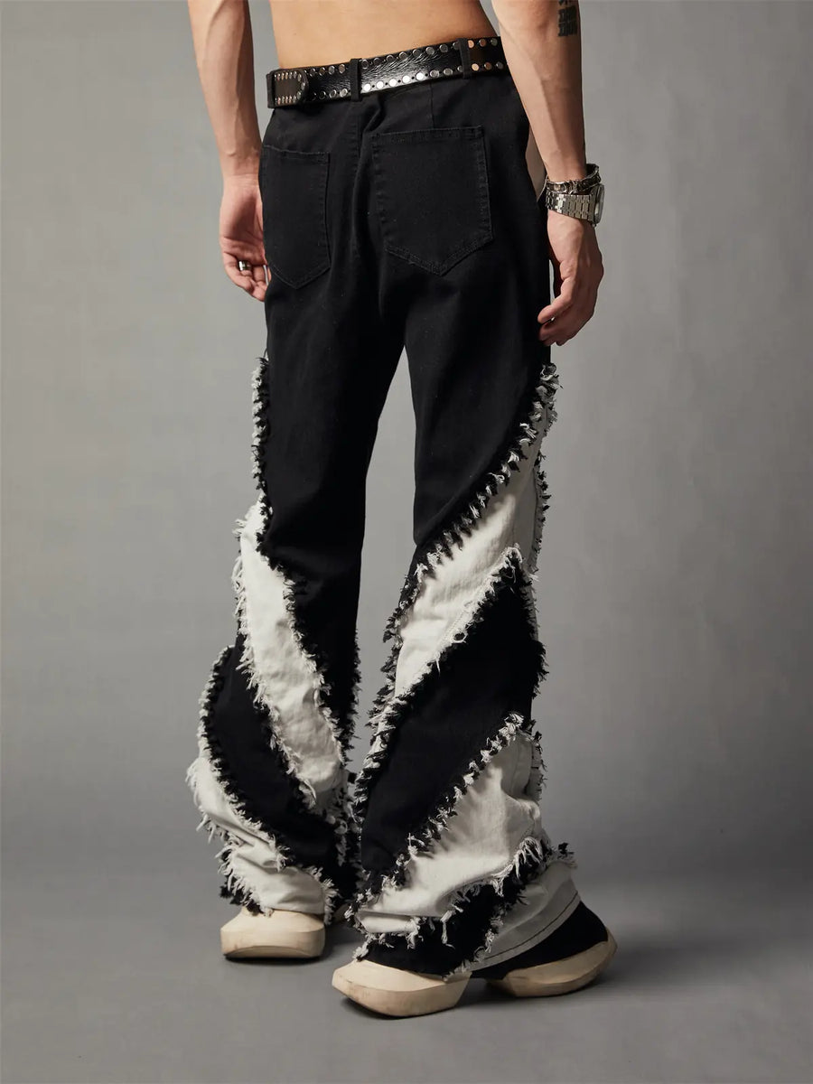 Black and White Patchwork Slim Fit Washed Jeans
