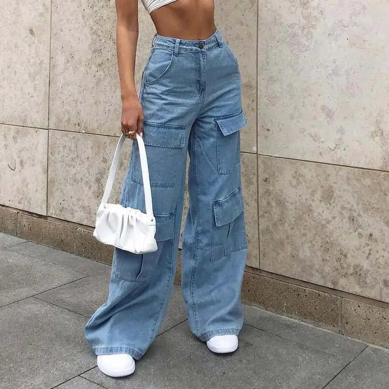 Loose Women's Washed Jeans with Large Pockets