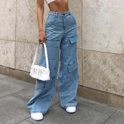 Loose Women's Washed Jeans with Large Pockets