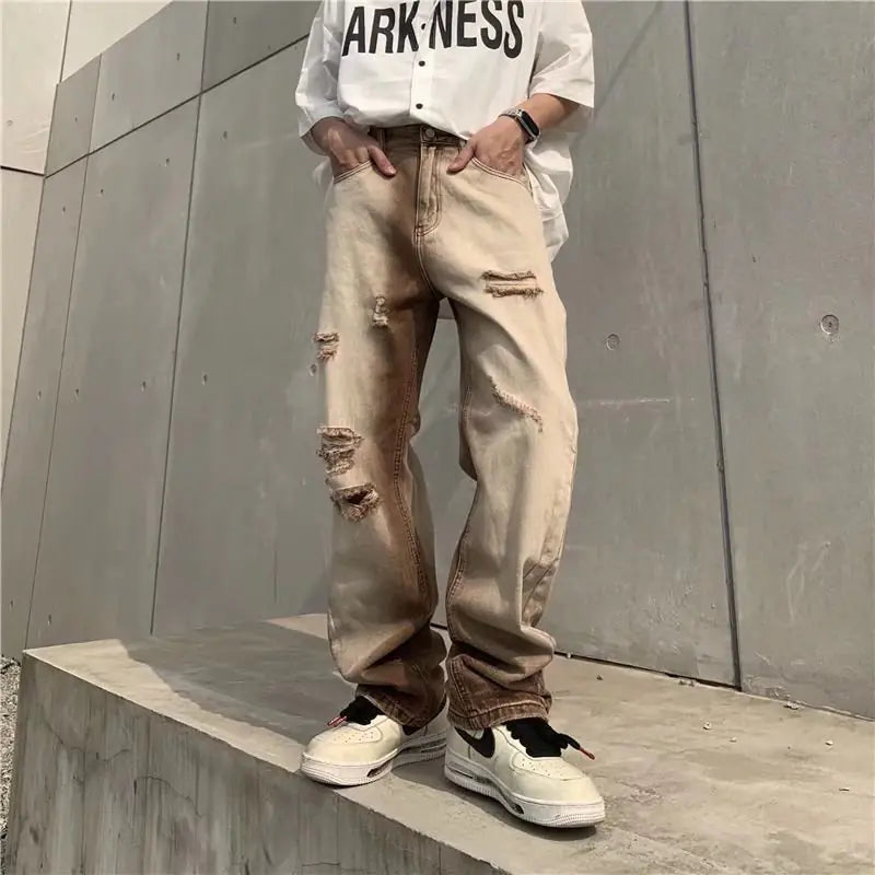 Gradient Distressed Vintage Coffee Color Ripped Jeans