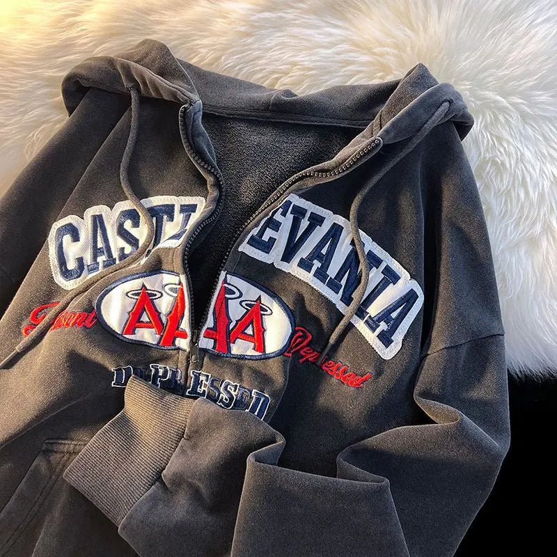 Embroidered Letter Print Zip-Up Hoodie