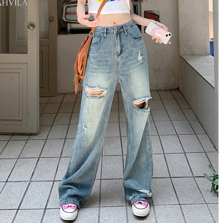 Washed Wide-leg Ripped Jeans Pants