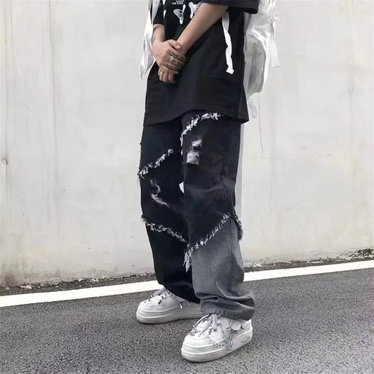 Black Loose Straight Jeans with Hole Patches