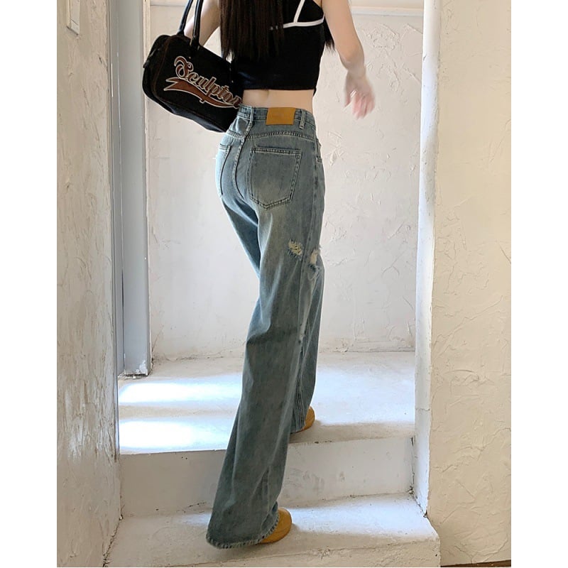 Washed Wide-leg Ripped Jeans Pants
