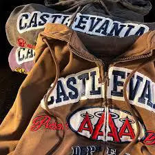Embroidered Letter Print Zip-Up Hoodie