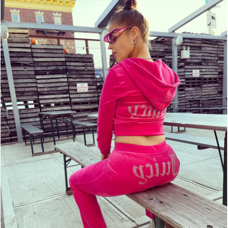 Women’s Rhinestone Velvet Two-Piece Sports Set