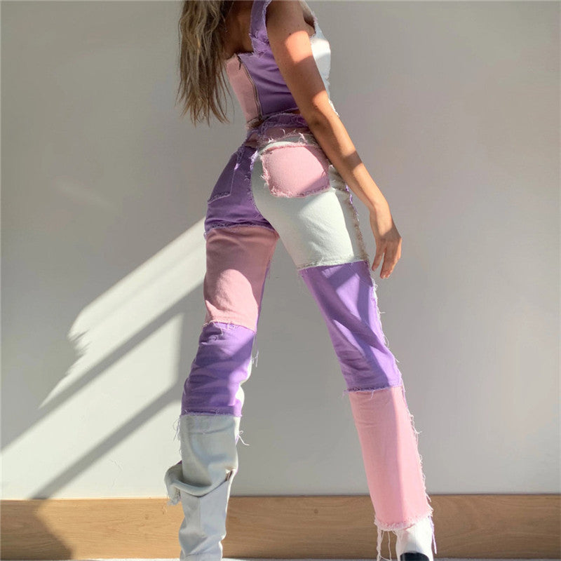 High-Waisted Color Block Slim Jeans for Women