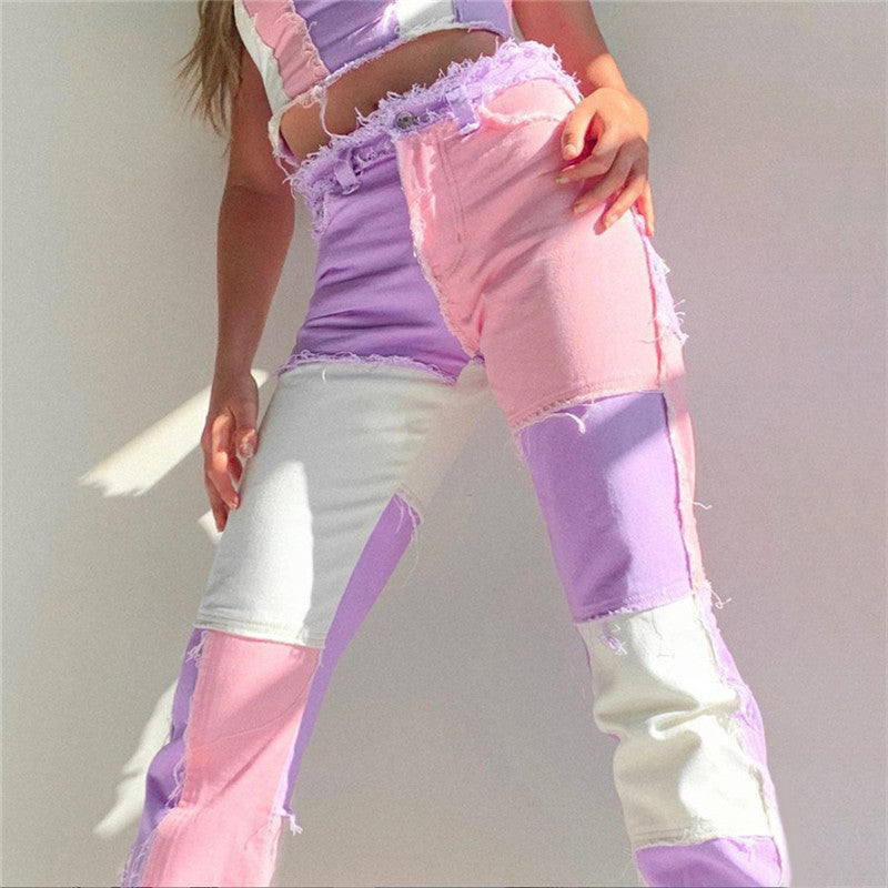 High-Waisted Color Block Slim Jeans for Women