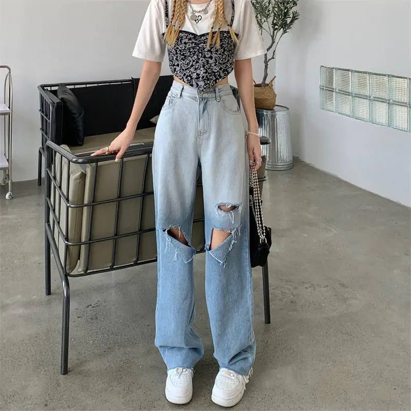 Gradient High Waist Slim Ripped Jeans