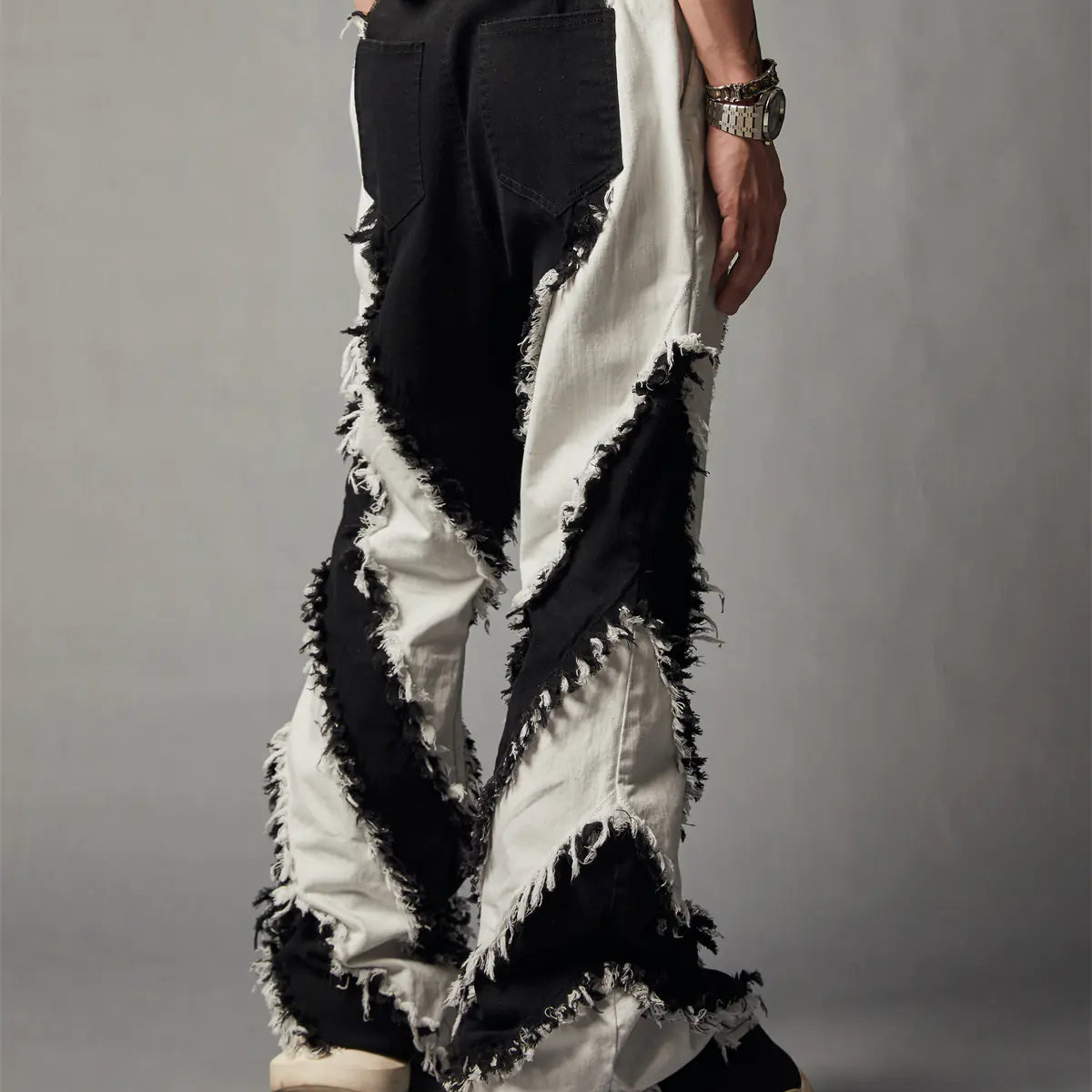 Black and White Patchwork Slim Fit Washed Jeans