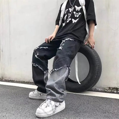 Black Loose Straight Jeans with Hole Patches